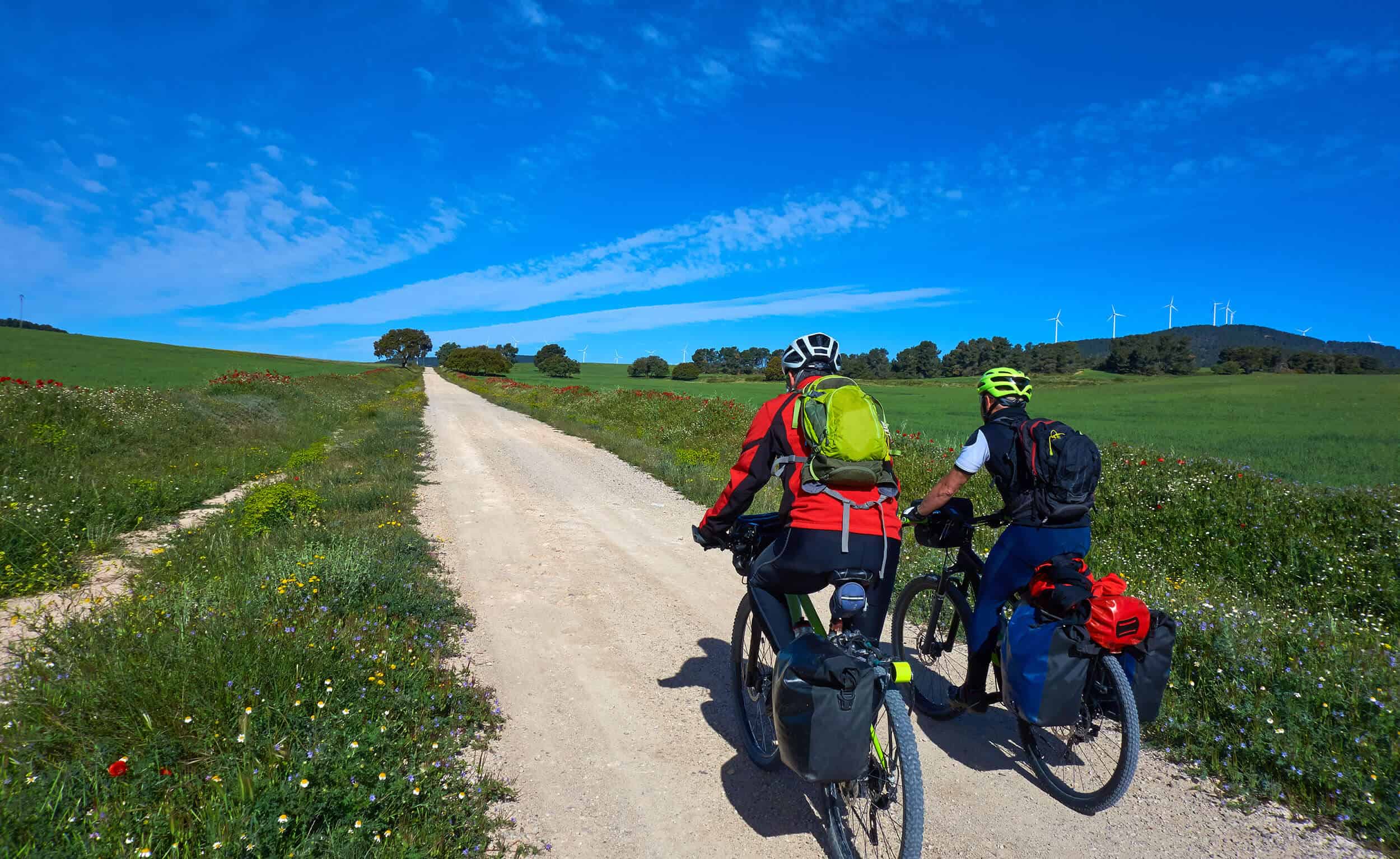 Two men cycling the Camino Frances route in Spain